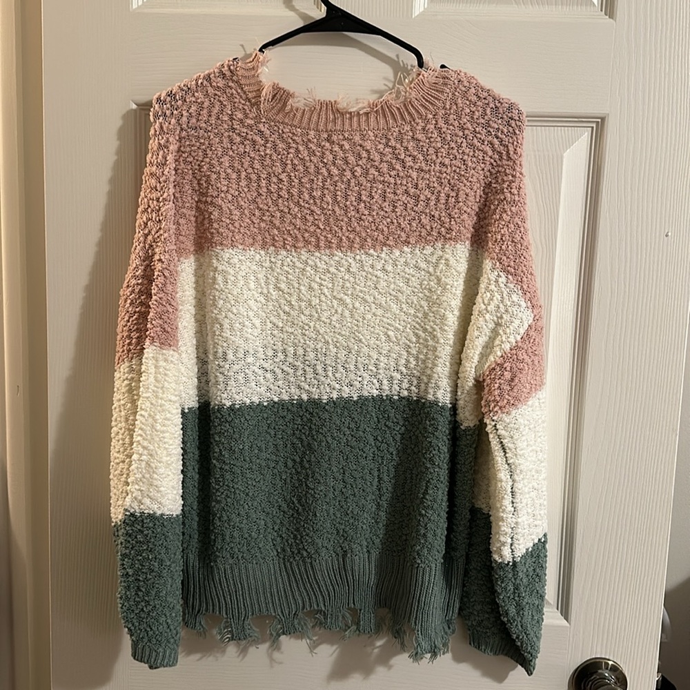 Jolie & Joy Distressed Pink & Green Crop Sweater - Picture 3 of 5